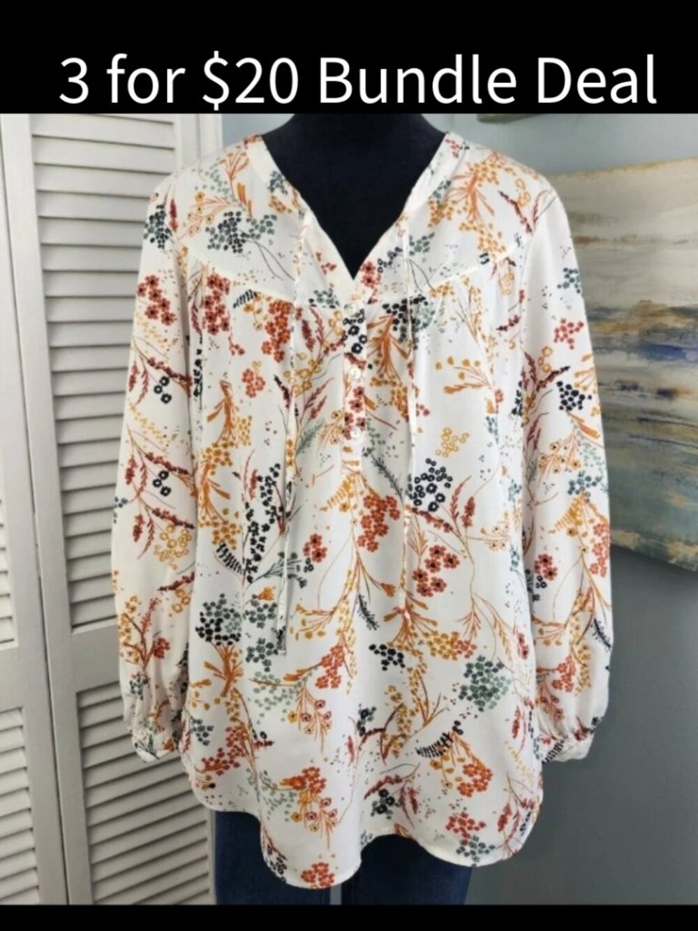 My Danielle White Floral Boho Peasant Top Large 3/4 Sleeve